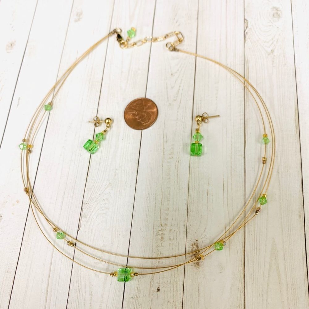 Artisan Gold Wire Green Crystal Necklace Earrings‎